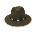 Cappello fedora in lana verde oliva scuro con cinturino in pelle e testa di toro - M (56-58cm) / Stile Concho in Rilievo (2HAT084) / Verde Militare