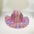 Detailed view of pink western cowboy hat featuring colorful plaid glitter and wide curved brim - 21F Pink