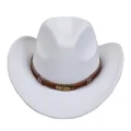 White British style cowboy hat with brown woven band and gold feather charm ornament - M (56-58cm) / Feather Badge Beaded Braided Band Style / White