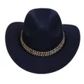 Navy blue wool felt cowboy hat featuring a colorful ethnic woven band and rolled brim - M (56-58cm) / Ethnic Braided Band Style / Navy Blue