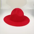 Classic red wide-brim wool felt fedora hat with a flat brim and elegant structured crown - 56-58cm / Red