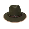 Cappello fedora verde scuro in lana con fascia in pelle e teschio di toro argento - M (56-58cm) / Stile Intrecciato Testa di Bue Western (2HAT086) / Verde Militare