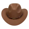 Brown wool felt cowboy hat featuring ethnic band with golden feather and bead accents - M (56-58cm) / Feather Badge Beaded Braided Band Style / Khaki