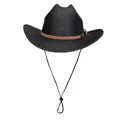 Chapeau de cowboy tissé noir classique avec bande en cuir marron et cordon coupe-vent - M / Sommet en Ligne (325) / Noir