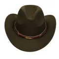Dark olive green wool fedora cowboy hat with ethnic woven band and gold feather charm - M (56-58cm) / Feather Badge Beaded Braided Band Style / Army Green