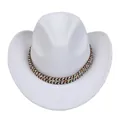 Classic white cowboy hat featuring an ethnic geometric woven band and upturned brim - M (56-58cm) / Ethnic Braided Band Style / White