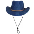Blue woven fedora jazz hat with brown leather band and adjustable windproof chin strap - Peach Heart Top - Fiber Weave / Medium Blue