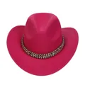 British style wide brim felt cowboy hat in vibrant flamingo pink with woven band - M (56-58cm) / Ethnic Braided Band Style / Rose Red