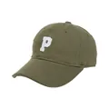 Detalle de gorra de béisbol verde oliva con bordado 3D blanco de la letra P en algodón - 3D Embroidered Letter P Style / Verde Militar