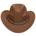 Brown wool felt cowboy hat with ethnic braided band and upturned brim for men and women - M (56-58cm) / Ethnic Braided Band Style / Khaki