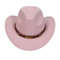 Pink western cowboy felt hat with ethnic beaded band and golden feather ornament - M (56-58cm) / Feather Badge Beaded Braided Band Style / Pink