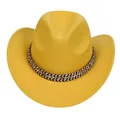 Bright yellow British style cowboy hat with colorful ethnic woven band on white background - M (56-58cm) / Ethnic Braided Band Style / Yellow