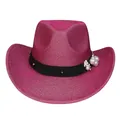 Sparkly bright pink cowboy hat with a studded band featuring pearls and floral detail - M (56-58cm) / Rose Red (Pearl Flower Style)