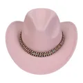 Pink British style cowboy hat with colorful bohemian woven band on white background - M (56-58cm) / Ethnic Braided Band Style / Pink