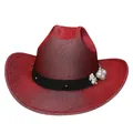 Cappello da cowboy rosso glitterato con borchie e decorazioni floreali di perle - M (56-58cm) / Rosso (Stile Piatto Perla)