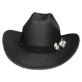 Cappello da cowboy nero scintillante con eleganti decorazioni di perle e fiori - M (56-58cm) / Nero (Stile Piatto Perla)