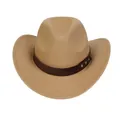 Classic camel felt cowboy hat featuring a wide rolled brim and metallic buckle band - M (56-58cm) / Riveted Leather Band Style / Camel