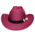 Cappello da cowboy rosa glitterato con decorazioni di perle, fiori bianchi e borchie - M (56-58cm) / Rosso Rosa (Stile Piatto Perla)