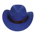 Royal blue fedora cowboy hat with brown studded leather band on white background - M (56-58cm) / Riveted Leather Band Style / Sapphire Blue