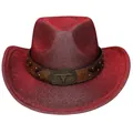Cappello da cowboy rosso glitterato con fibbia a testa di toro e fascia in ecopelle - M (56-58cm) / Rosso (Stile Fibbia Bue)