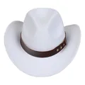 White western cowboy hat in felt with brown leather strap and metal rivet details - M (56-58cm) / Riveted Leather Band Style / White