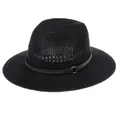 Detail of black woven fedora hat featuring a studded leather band and metal buckle - Rivet Ring Style / Black