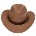Classic brown felt western cowboy hat featuring pinch front crown and leather band decoration - M (56-58cm) / Riveted Leather Band Style / Khaki