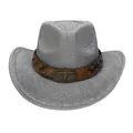 Cappello da cowboy argento glitter con fascia in pelle borchiata e fibbia a toro - M (56-58cm) / Grigio Scuro (Stile Fibbia Bue)