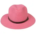 Detail of pink straw fedora hat featuring a black leather band with silver metal rivets - 56-58cm / With Rivet Decoration Band / Pink