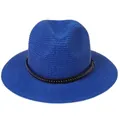 Detail of royal blue woven sun hat featuring a black leather band with silver metal studs - 56-58cm / With Rivet Decoration Band / Sapphire Blue