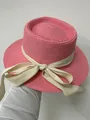 Detailed texture of pink straw boater hat featuring a cream wide ribbon bow decoration - 56-58cm / Beige Ribbon Bow (040O) / Dusty Pink