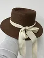 Detail of a dark brown boater hat with fine woven straw texture and a creamy white bow ribbon - 56-58cm / Beige Ribbon Bow (040Q) / Brown