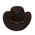 Brown western cowboy felt hat with decorative golden feather buckle and ethnic beads - M (56-58cm) / Feather Badge Beaded Braided Band Style / Coffee