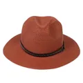 Macro shot of rust red Panama straw hat with black leather band and silver rivet details - 56-58cm / With Rivet Decoration Band / Caramel color