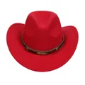 Red western denim hat with wide upturned brim and decorative gold feather buckle accent - M (56-58cm) / Feather Badge Beaded Braided Band Style / Red