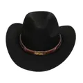 Black wool felt western cowboy hat with ethnic braided band and golden feather buckle - M (56-58cm) / Feather Badge Beaded Braided Band Style / Black
