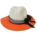 Detail of wide brim straw hat featuring black lace, white pearls, and a large silk bow - M(56-58cm) / Beige And Orange (350-B)