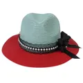 Detail of mint green and red straw hat with black lace, pearls and a large silk bow - M(56-58cm) / Mint Green And Red (350-C)
