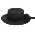 Detail of elegant black straw boater hat featuring fine weave and a wide ribbon bow - 56-58cm / Black Ribbon Bow (041F) / Black