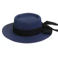 Detail of navy blue straw boater hat with flat top, fine weave texture, and black ribbon bow - 56-58cm / Black Ribbon Bow (041J) / Navy Blue