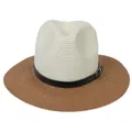 Detail of two-tone foldable Panama straw hat with leather band and metal buckle accent - M(56-58cm) / Beige And Khaki (351-A)