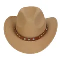 Classic khaki felt cowboy hat featuring side-curled brim and silver studded leather band - M (56-58cm) / V-Rivet Leather Belt Style / Camel
