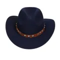 Dark blue wide brim western cowboy hat featuring brown leather band and silver studs - M (56-58cm) / V-Rivet Leather Belt Style / Navy Blue