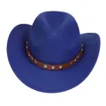 Classic dark blue felt cowboy hat with vintage brown leather studded band decoration - M (56-58cm) / V-Rivet Leather Belt Style / Sapphire Blue