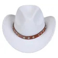 Classic white felt western cowboy hat featuring a brown studded leather band and curved brim - M (56-58cm) / V-Rivet Leather Belt Style / White