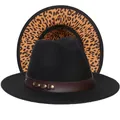 Dettaglio cappello fedora in lana con tesa leopardata e cinturino in pelle con borchie - Taglia unica(56-58cm) / Nero (239-D)