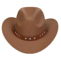 Classic brown felt western cowboy hat featuring a leather band with silver metal studs - M (56-58cm) / V-Rivet Leather Belt Style / Khaki