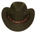 Dark olive green felt western cowboy hat featuring a studded brown leather-like band - M (56-58cm) / V-Rivet Leather Belt Style / Army Green