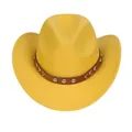 Classic yellow western cowboy hat with brown leather band and silver metal studs - M (56-58cm) / V-Rivet Leather Belt Style / Yellow