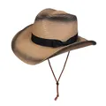 Sombrero de sol de paja estilo western con degradado marrón y correa ajustable - Estilo De Banda Decorativa Con Lazo / Degradado Caqui Y Negro